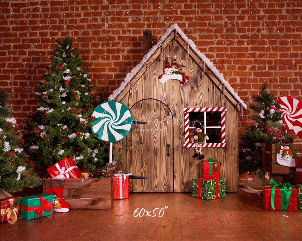 Lollipop Log Cabin Brick Christmas Backdrop - Layoris