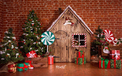 Lollipop Log Cabin Brick Christmas Backdrop - Layoris