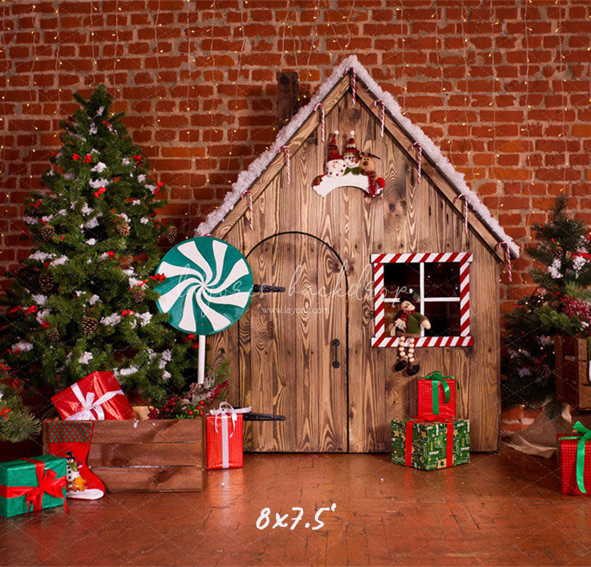 Lollipop Log Cabin Brick Christmas Backdrop - Layoris