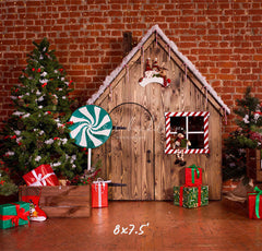 Lollipop Log Cabin Brick Christmas Backdrop - Layoris