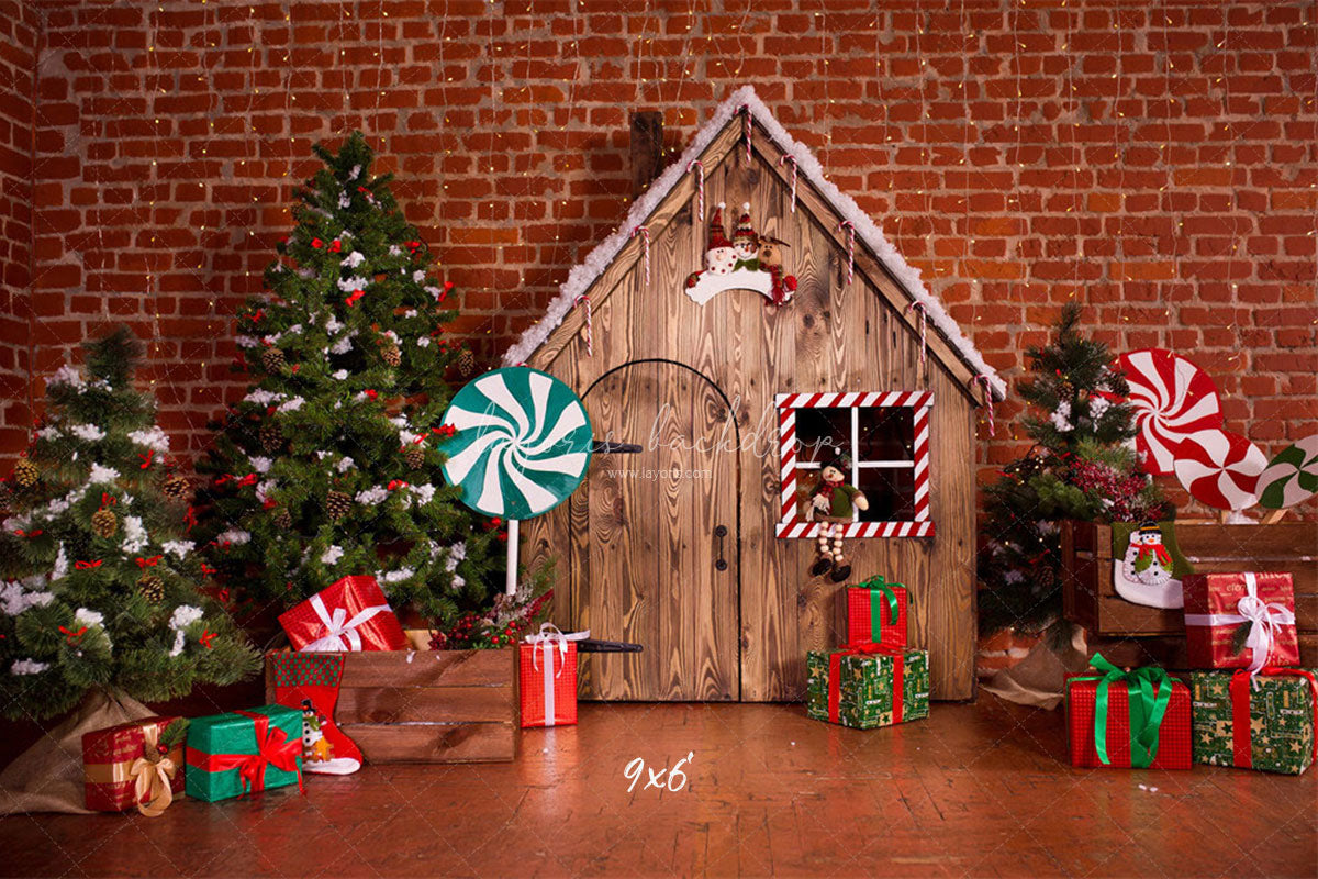 Lollipop Log Cabin Brick Christmas Backdrop - Layoris