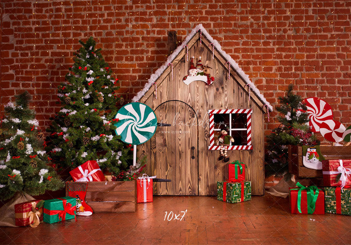 Lollipop Log Cabin Brick Christmas Backdrop - Layoris