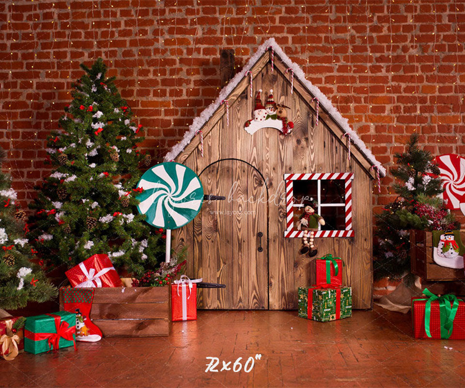 Lollipop Log Cabin Brick Christmas Backdrop - Layoris