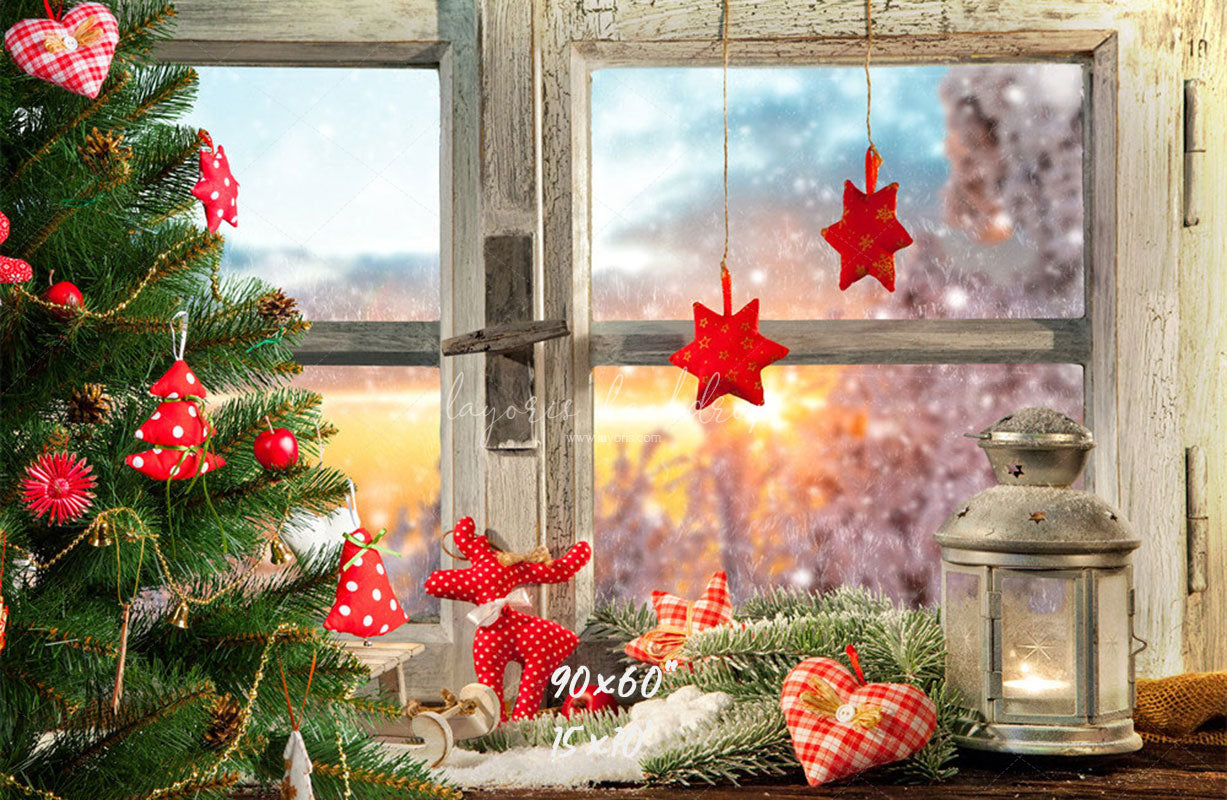 White Wooden Window With Red Star Christmas Backdrop - Layoris