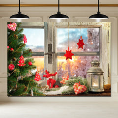 Layoris White Wooden Window With Red Star Christmas Backdrop