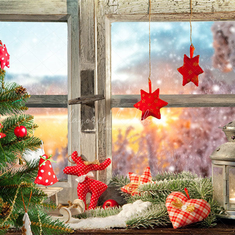 White Wooden Window With Red Star Christmas Backdrop - Layoris
