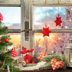 White Wooden Window With Red Star Christmas Backdrop - Layoris