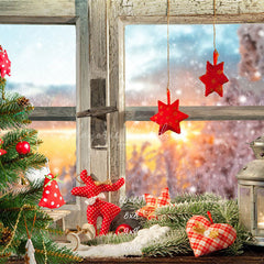 White Wooden Window With Red Star Christmas Backdrop - Layoris