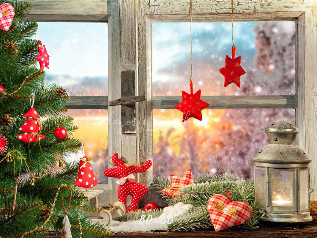 White Wooden Window With Red Star Christmas Backdrop - Layoris