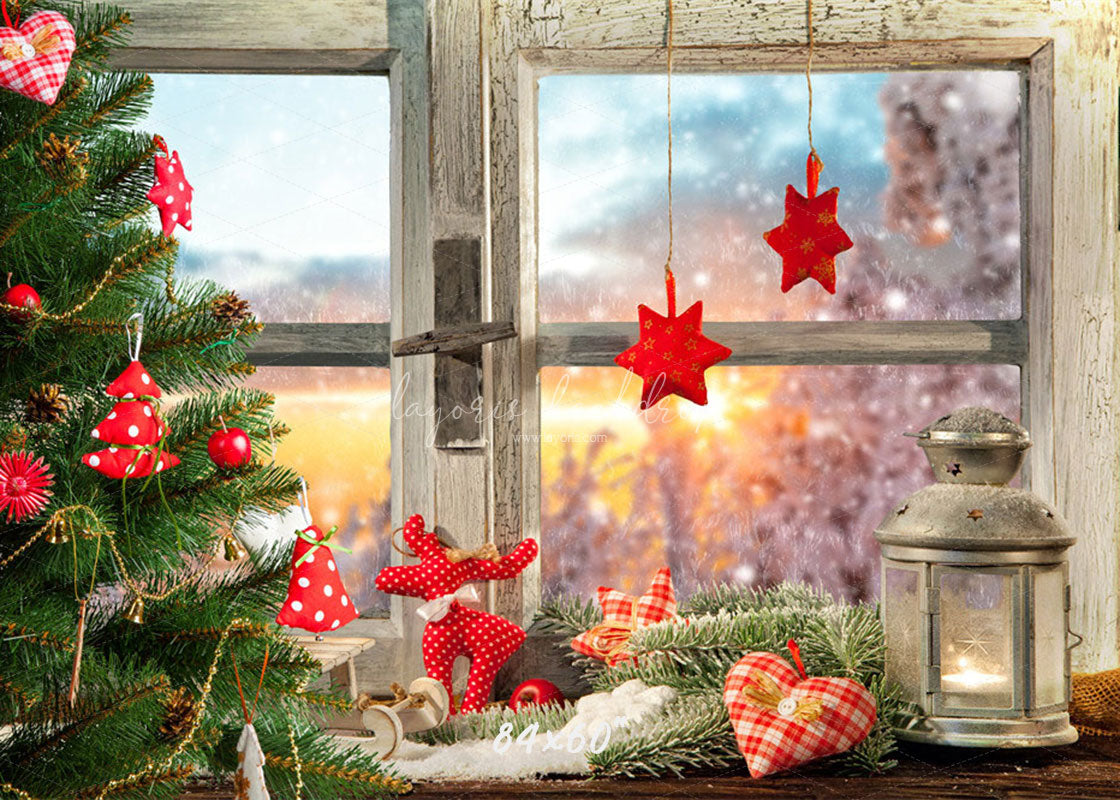 White Wooden Window With Red Star Christmas Backdrop - Layoris