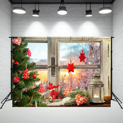 Layoris White Wooden Window With Red Star Christmas Backdrop