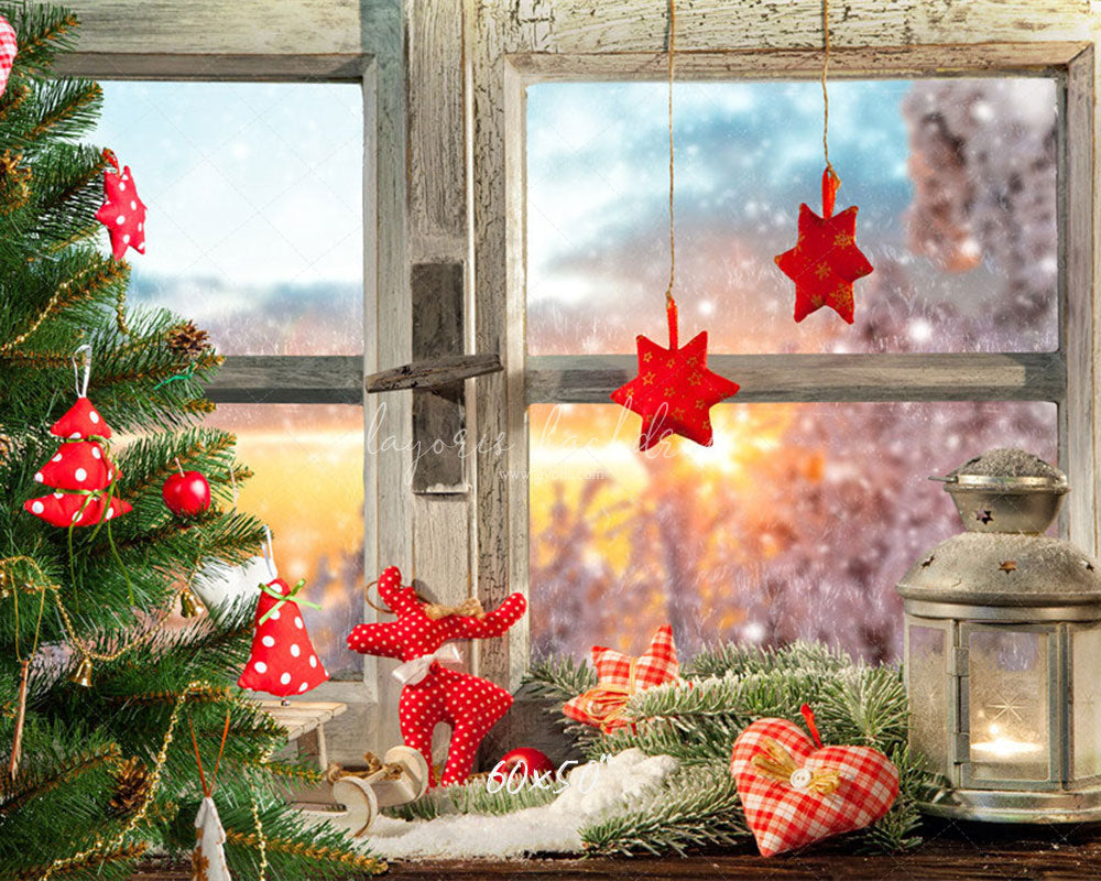 White Wooden Window With Red Star Christmas Backdrop - Layoris