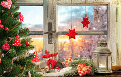 White Wooden Window With Red Star Christmas Backdrop - Layoris