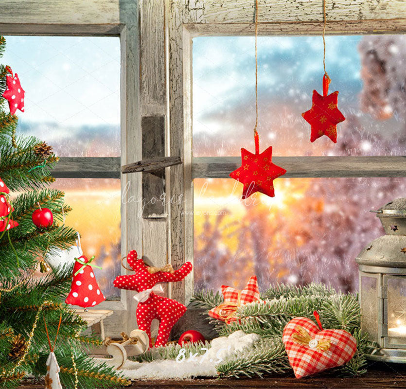 White Wooden Window With Red Star Christmas Backdrop - Layoris