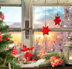 White Wooden Window With Red Star Christmas Backdrop - Layoris
