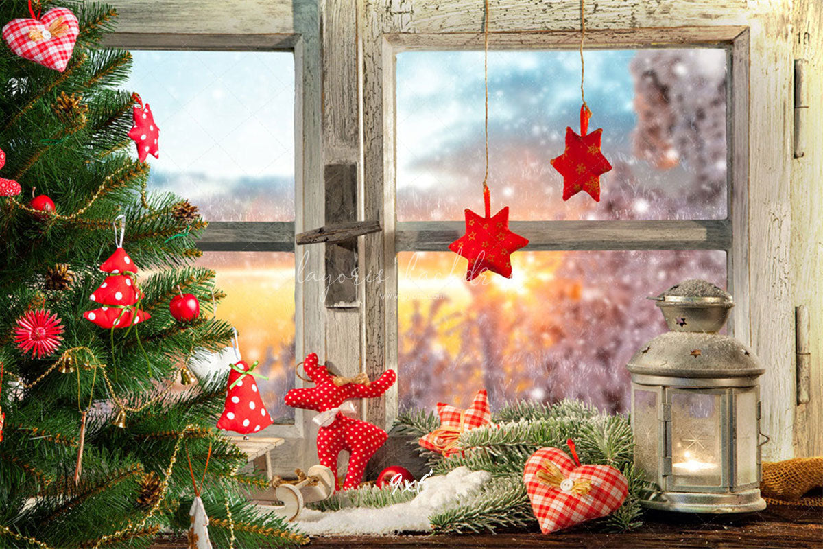 White Wooden Window With Red Star Christmas Backdrop - Layoris