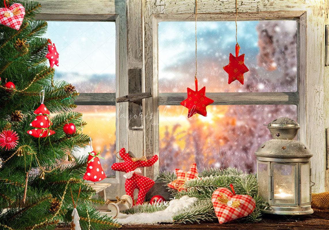 White Wooden Window With Red Star Christmas Backdrop - Layoris