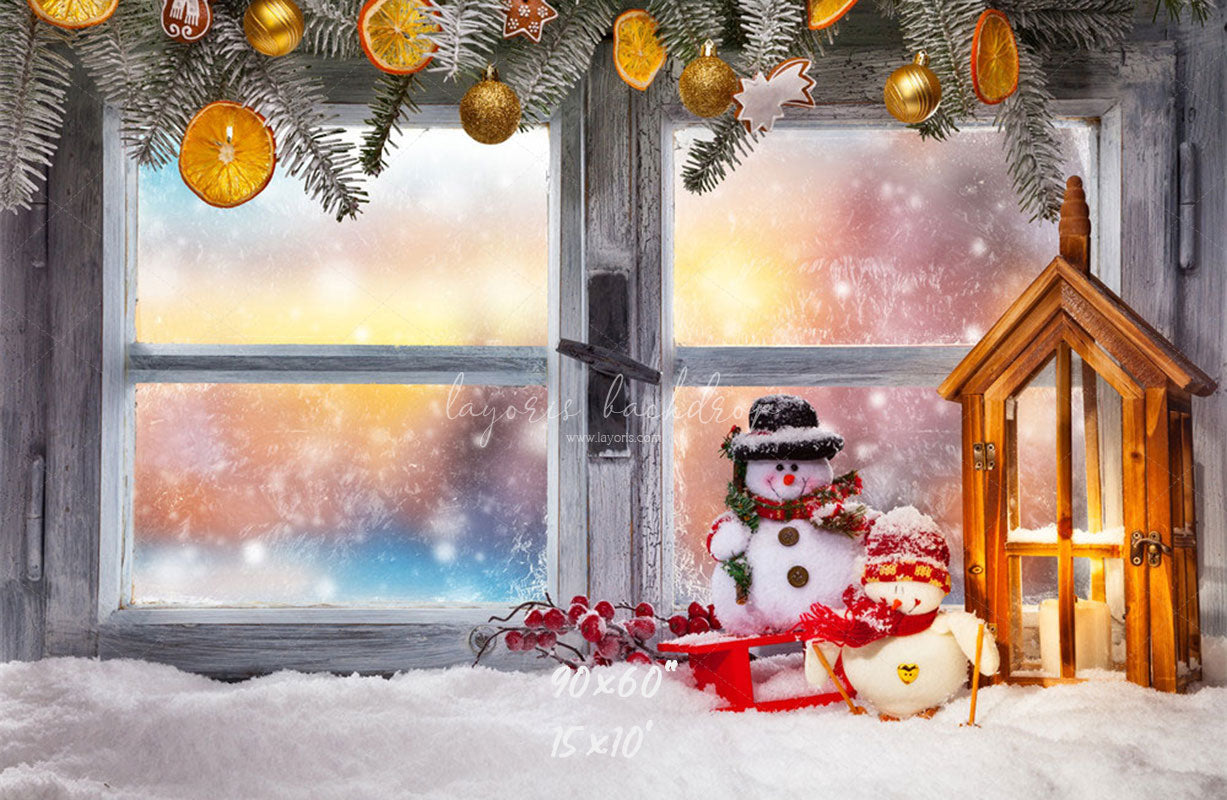 Wooden Window Snowman Christmas Backdrop - Layoris