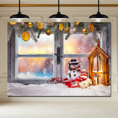Layoris Wooden Window Snowman Christmas Backdrop