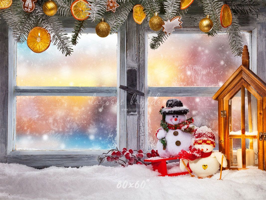 Wooden Window Snowman Christmas Backdrop - Layoris