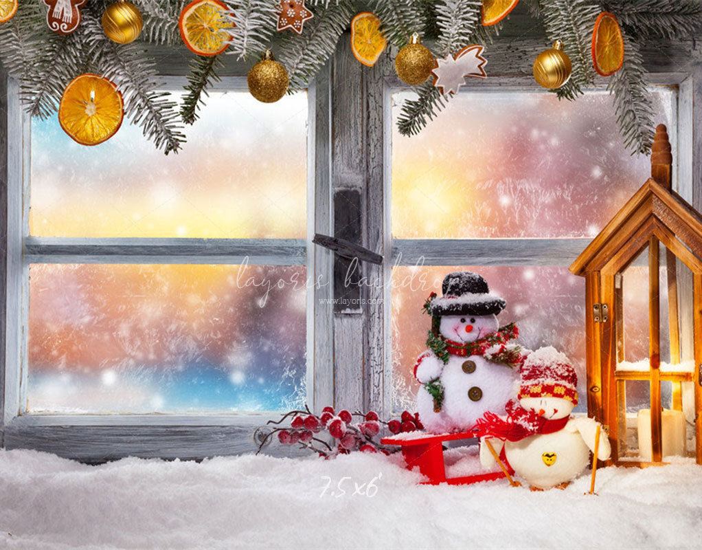 Wooden Window Snowman Christmas Backdrop - Layoris