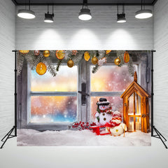 Layoris Wooden Window Snowman Christmas Backdrop