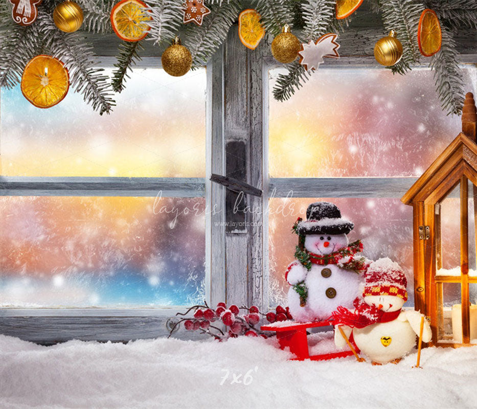 Wooden Window Snowman Christmas Backdrop - Layoris