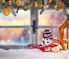 Wooden Window Snowman Christmas Backdrop - Layoris