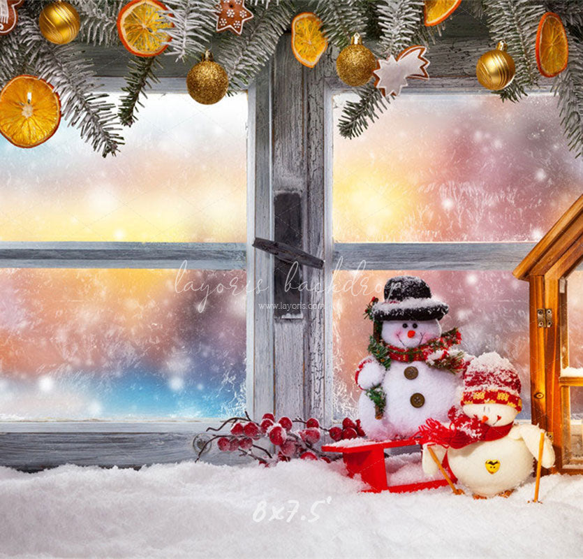 Wooden Window Snowman Christmas Backdrop - Layoris