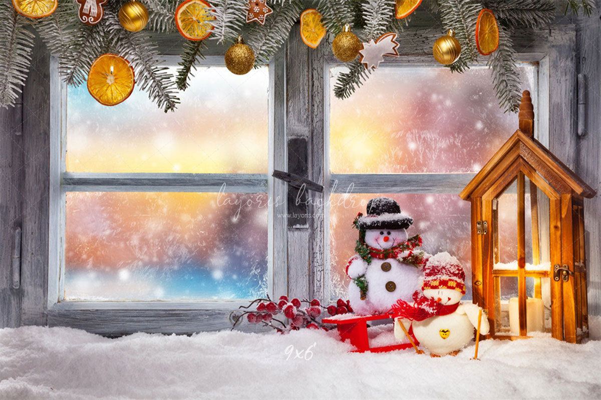 Wooden Window Snowman Christmas Backdrop - Layoris