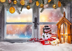 Wooden Window Snowman Christmas Backdrop - Layoris
