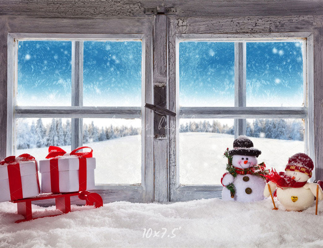 Wooden Window Snowman Gift Box Christmas Backdrop - Layoris