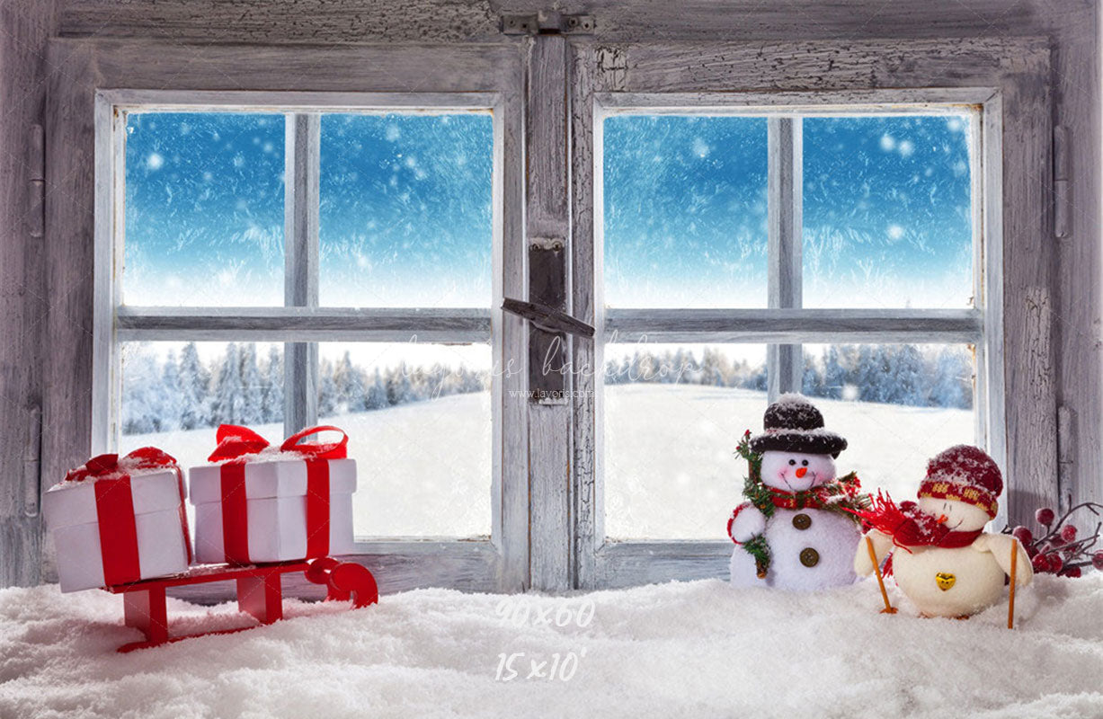 Wooden Window Snowman Gift Box Christmas Backdrop - Layoris