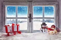 Wooden Window Snowman Gift Box Christmas Backdrop - Layoris