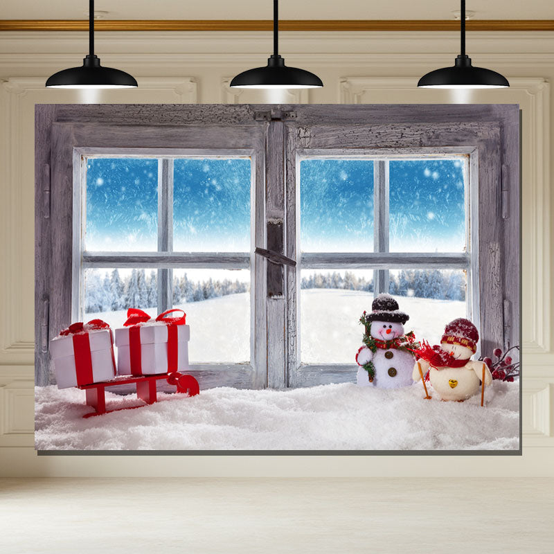 Layoris Wooden Window Snowman Gift Box Christmas Backdrop