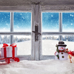 Wooden Window Snowman Gift Box Christmas Backdrop - Layoris