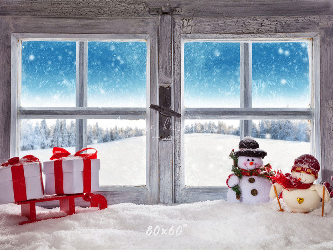 Wooden Window Snowman Gift Box Christmas Backdrop - Layoris
