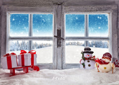 Wooden Window Snowman Gift Box Christmas Backdrop - Layoris