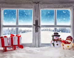 Wooden Window Snowman Gift Box Christmas Backdrop - Layoris