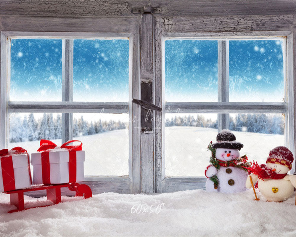 Wooden Window Snowman Gift Box Christmas Backdrop - Layoris