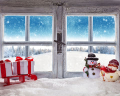 Wooden Window Snowman Gift Box Christmas Backdrop - Layoris
