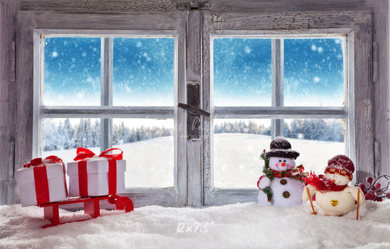 Wooden Window Snowman Gift Box Christmas Backdrop - Layoris