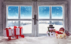 Wooden Window Snowman Gift Box Christmas Backdrop - Layoris