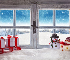 Wooden Window Snowman Gift Box Christmas Backdrop - Layoris