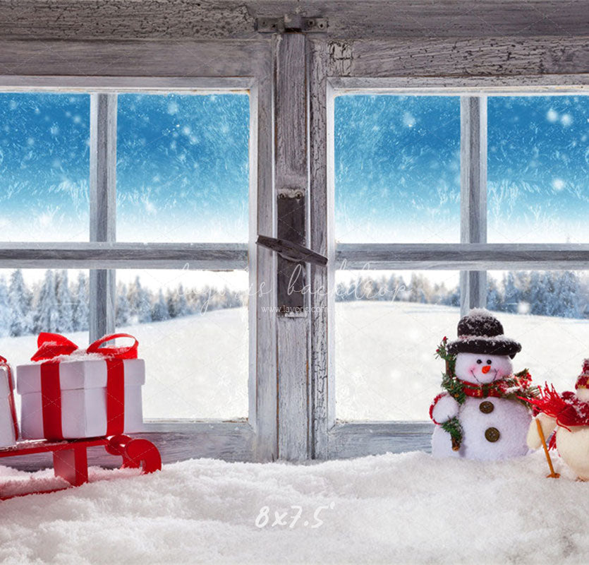 Wooden Window Snowman Gift Box Christmas Backdrop - Layoris