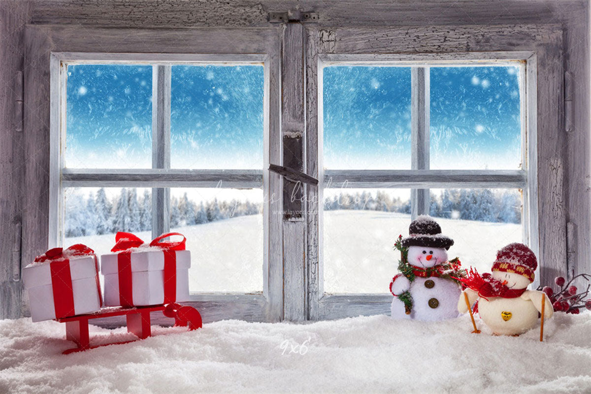 Wooden Window Snowman Gift Box Christmas Backdrop - Layoris
