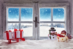 Wooden Window Snowman Gift Box Christmas Backdrop - Layoris