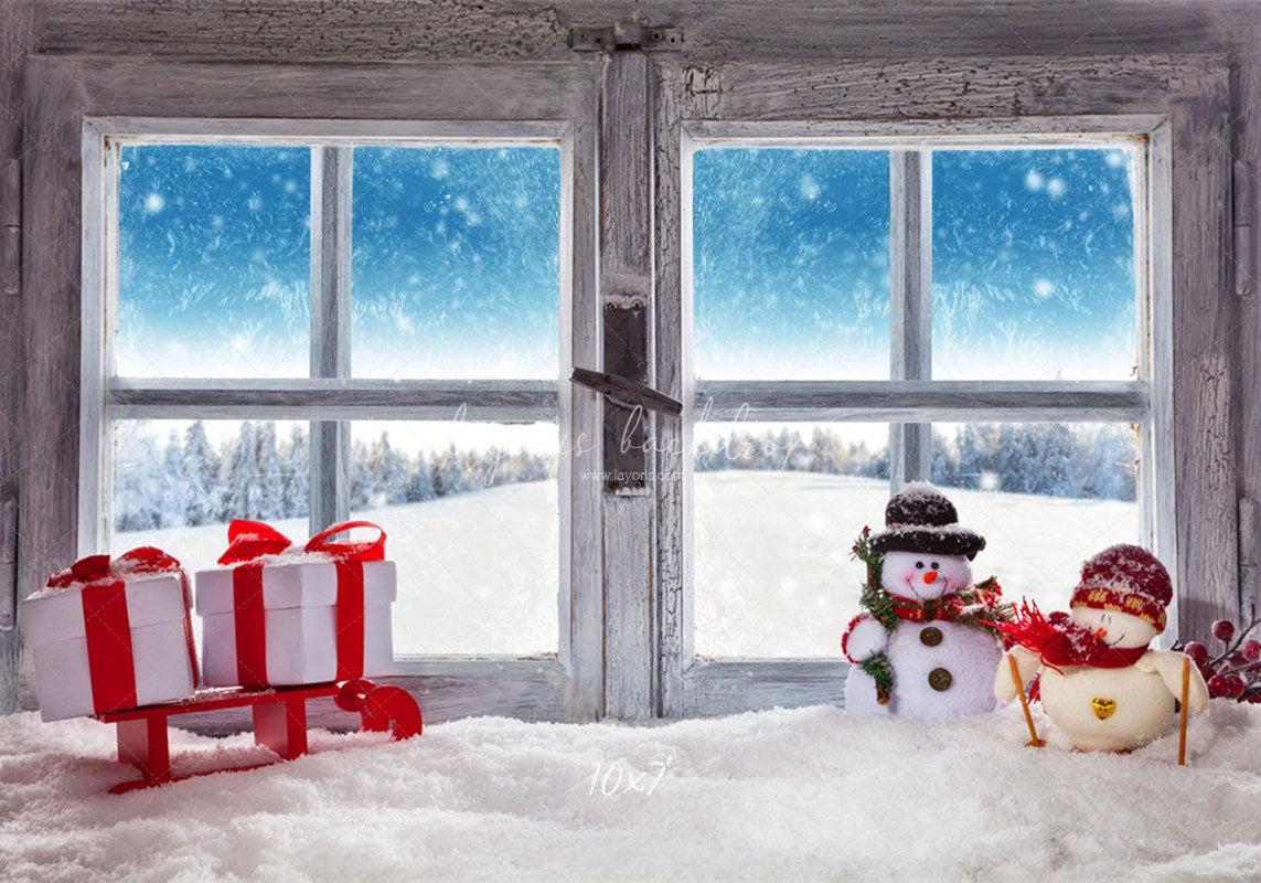 Wooden Window Snowman Gift Box Christmas Backdrop - Layoris