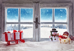 Wooden Window Snowman Gift Box Christmas Backdrop - Layoris