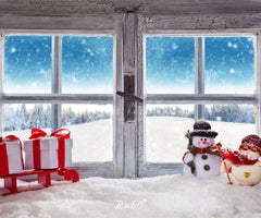 Wooden Window Snowman Gift Box Christmas Backdrop - Layoris